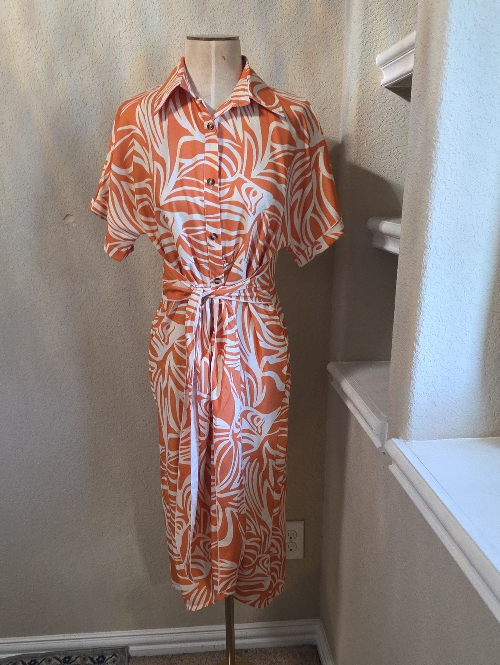 Women's Orange and White Printed Shirt Dress